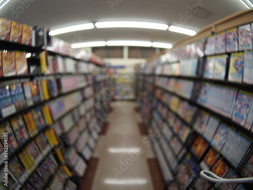video rental store shelf bokeh