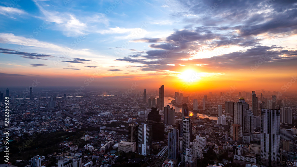 High view of Bangkok cityscape with sunset time 1