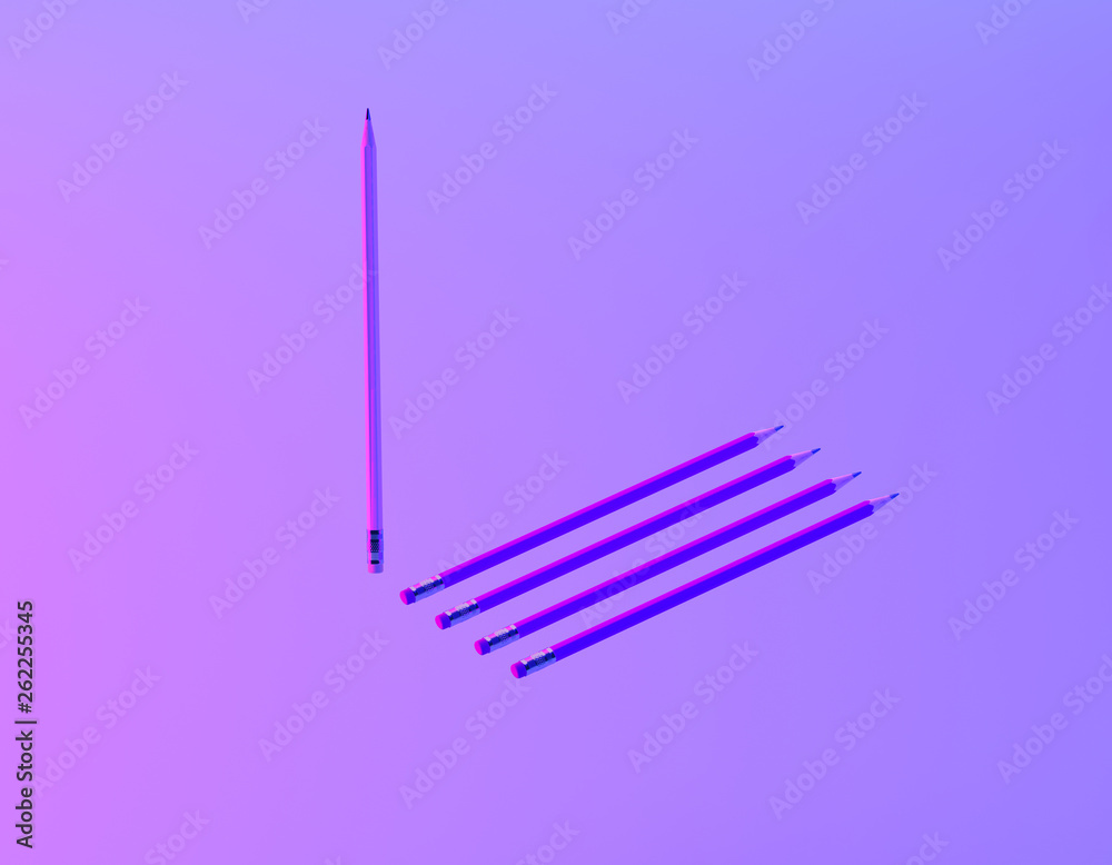 Different pencil in vibrant bold gradient purple and blue holographic colors background. minimal creative concept. The idea about the business leadership. Different pencil in vibrant bold gradient purple and blue holographic colors background. minimal creative concept. The idea about the business leadership.