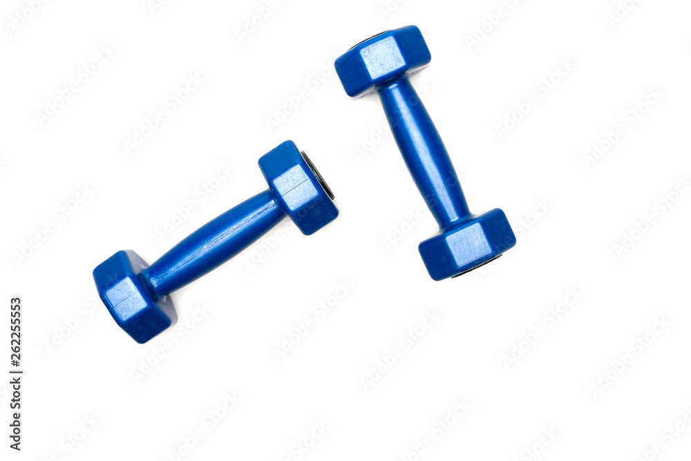 Top view of blue dumbbells isolated on white Top view of blue dumbbells isolated on white