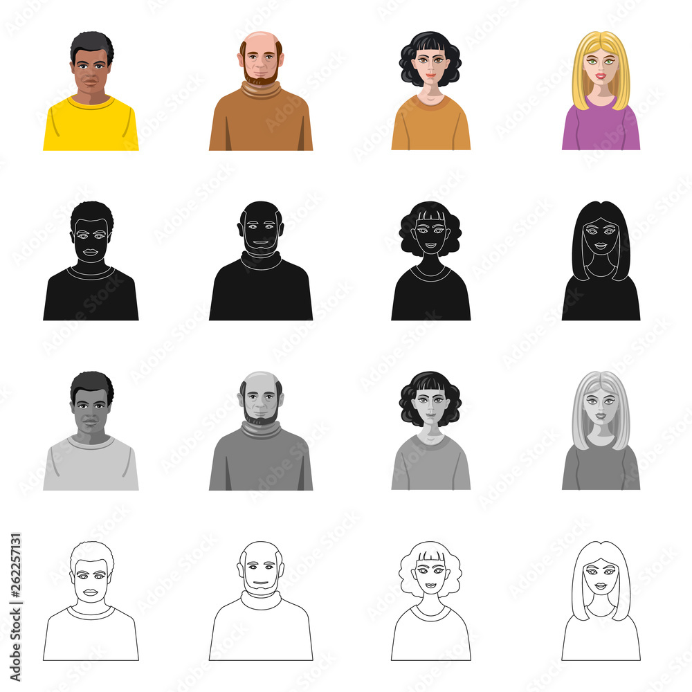 Vector illustration of hairstyle and profession symbol. Set of hairstyle and character stock symbol for web. Vector illustration of hairstyle and profession symbol. Set of hairstyle and character stock symbol for web.