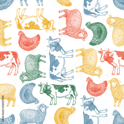 Fun farm animals seamless pattern. Cow, sheep, chicken engraved vintage illustration. Vector illustration © Maria