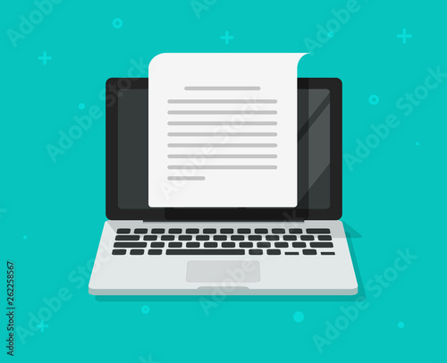 Text document writing on computer vector illustration, flat cartoon laptop screen with article page reading icon symbol isolated, concept of blogging or letter creation clipart