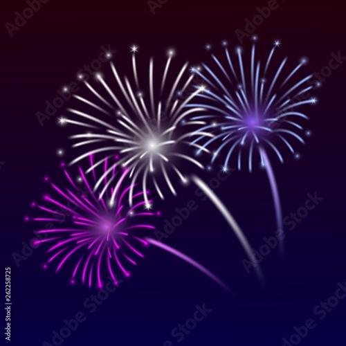 Vector festive background with colorful neon fireworks.  Night sky dark background with sparkling fireworks. Holiday illustration for event  party  San Juan  new year  Christmas  4th July.