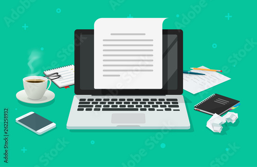 Writer workplace and computer paper sheet vector illustration, flat cartoon 3d copywriter workspace table creating electronic text book top view, writing letter or journal via laptop, journalism idea