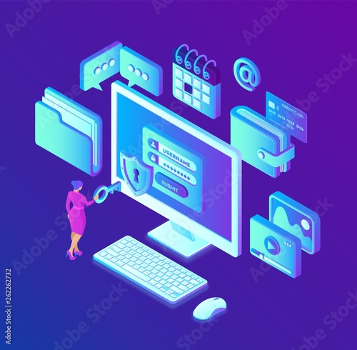 Data protection. Desktop pc with authorization form on screen, personal data protection. System of authentication, data access, login form on laptop screen. 3d isometric design. Vector illustration.