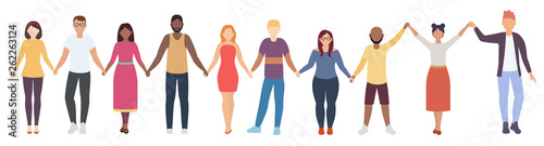People hold hands. Long illustration of people of different gender and nationalism hold hands. Friends, friendship and unity of people. Isolated vector illustration