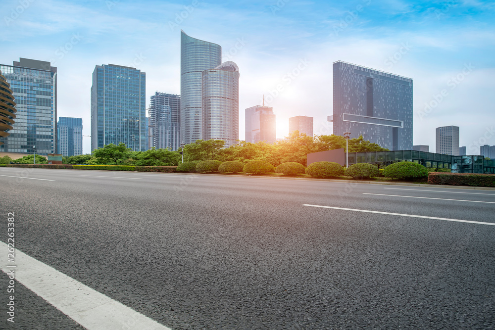 Road and skyline of urban architecture