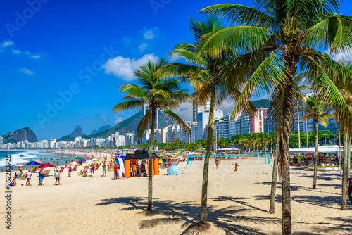 Leme and Copacabana beach in Rio de Janeiro, Brazil. Copacabana beach is the most famous beach in Rio de Janeiro. Sunny cityscape of Rio de Janeiro