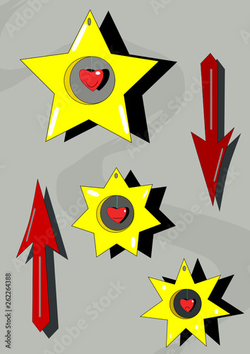 Three yellow stars with red hearts of more happy unless hanging by a thread on gray background with two red arrows.