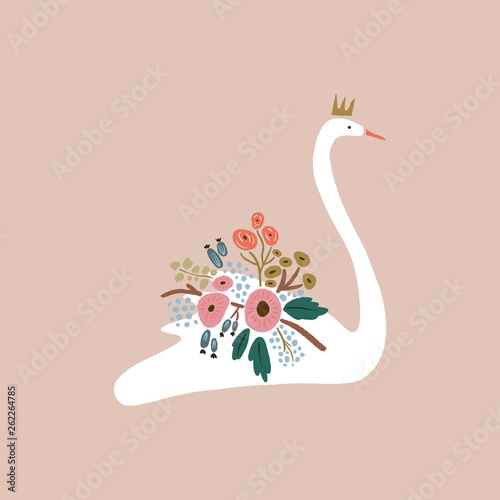 Beautiful white swan princess or queen with crown, romantic floral bouquet decor. Vector