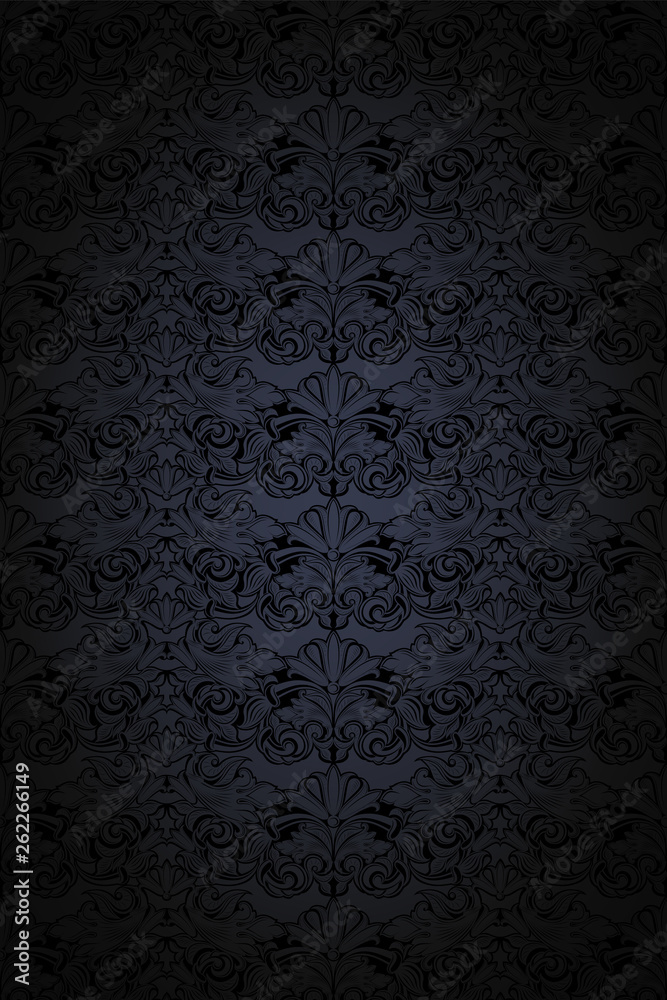 dark grey and black vintage background, royal with classic Baroque pattern, Rococo with darkened edges background, card, invitation, banner. vector illustration EPS 10