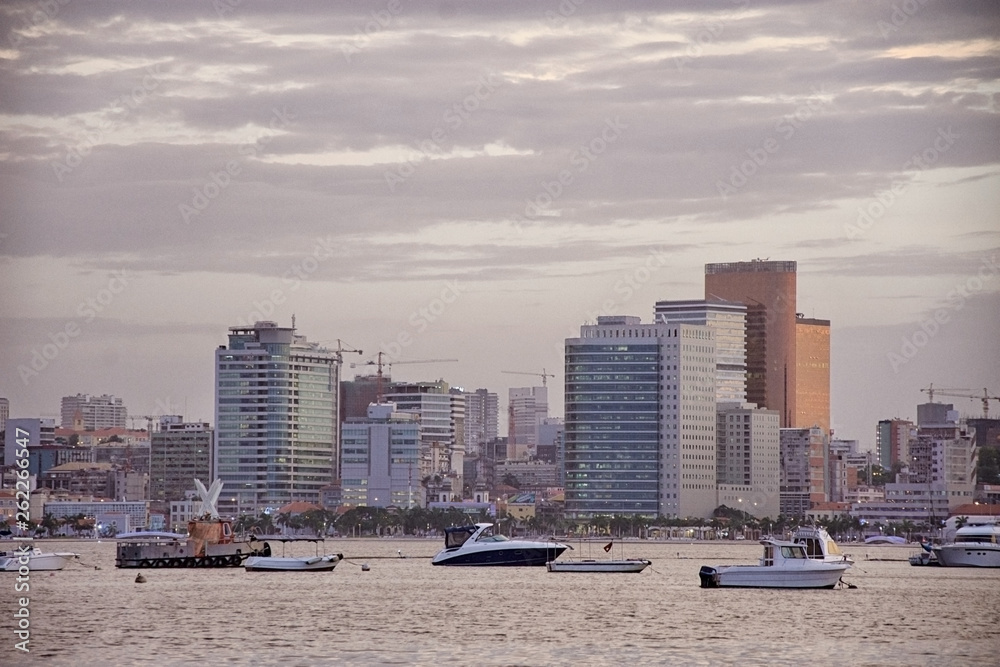 Luanda bay and seaside promenade at sunset, Marginal of Luanda, capital city of Angola- cityscape