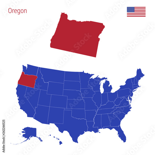 The State of Oregon is Highlighted in Red. Vector Map of the United States Divided into Separate States. photo