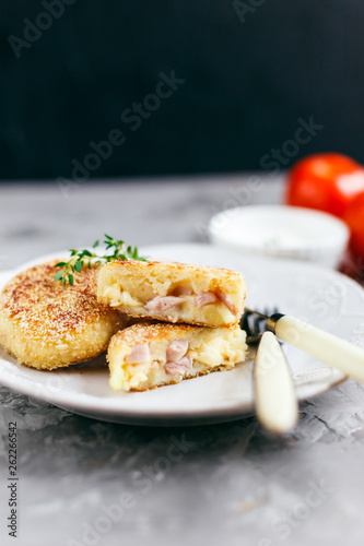 Homemade potato zrazy with ham and cheese