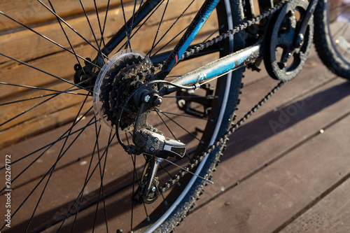 Close-up view of pedals, chain and wheel of bicycle