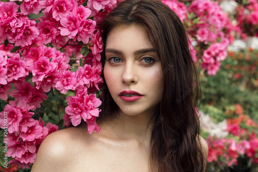 Close up potrait of beautiful young brunette woman with red lips and healthy skin Close up potrait of beautiful young brunette woman with red lips and healthy skin