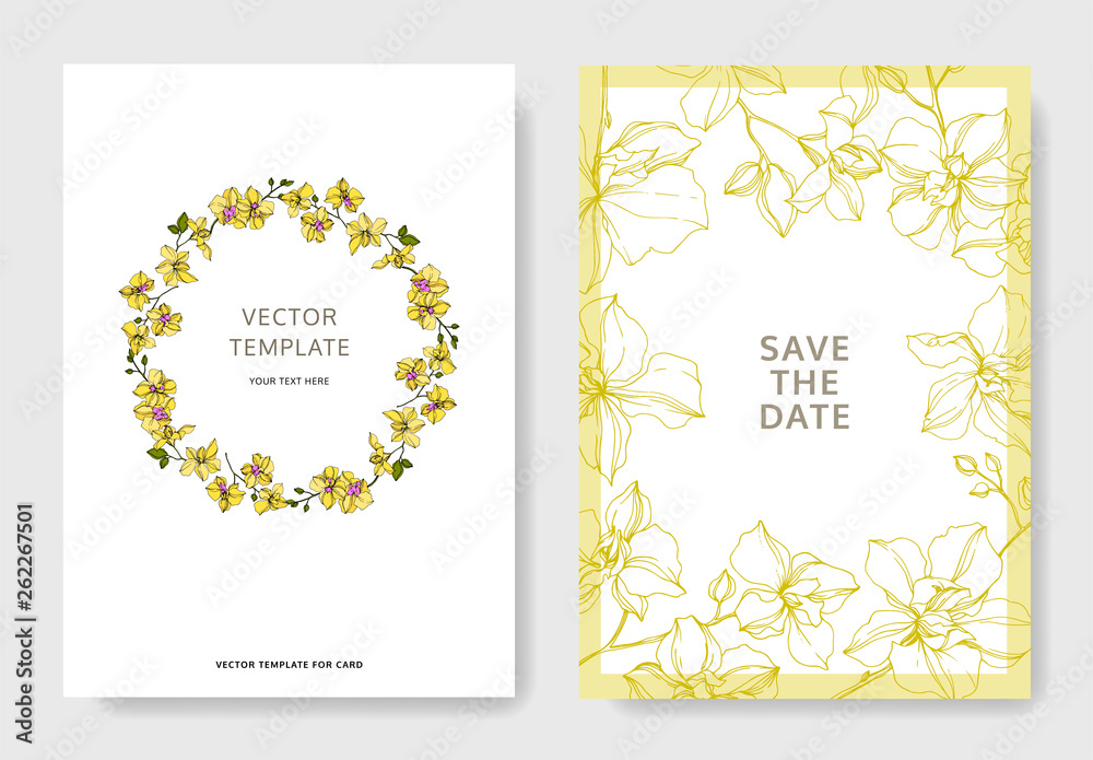 Vector Orchid floral botanical flowers. Yellow and green engraved ink art. Wedding background card decorative border.
