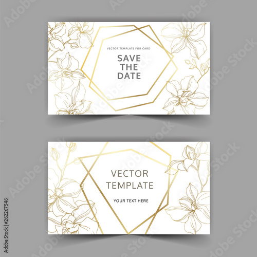 Vector Orchid floral botanical flowers. Golden engraved ink art. Wedding background card floral decorative border.