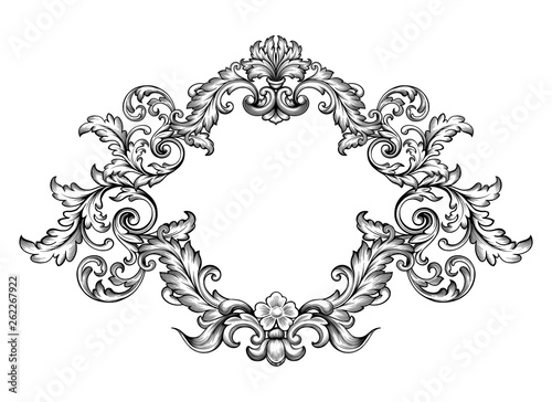 Vintage Baroque Victorian frame border monogram floral engraved scroll ornament leaf retro flower pattern decorative design tattoo black and white filigree calligraphic vector heraldic shield swirl