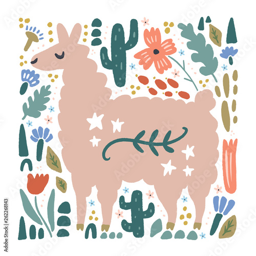Cute bohemian llama drawing with floral decor elements, hand drawn vector illustration