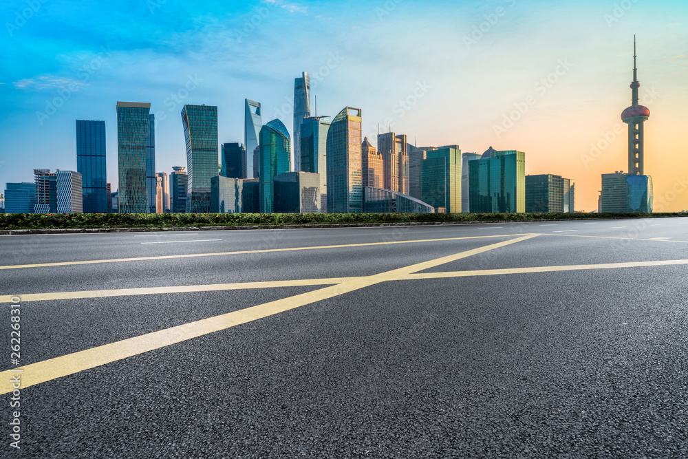 Empty Asphalt Road Through Modern City of Shanghai, China.. Empty Asphalt Road Through Modern City of Shanghai, China..