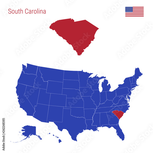 The State of South Carolina is Highlighted in Red. Vector Map of the United States Divided into Separate States. photo