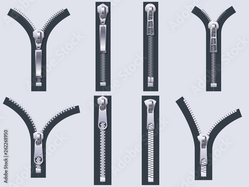 Open and closed zipper. Metal zip pulls, fabric unzip clasp and cloth zippers isolated realistic vector set
