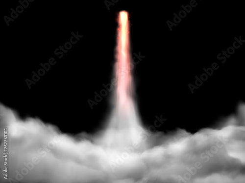 Space rocket takeoff track. Spaceship fly rockets launch smoke cloud isolated realistic vector illustration