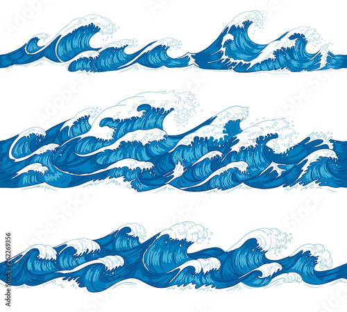 Seamless ocean waves. Sea surf  decorative surfing wave and water pattern hand drawn sketch vector illustration set