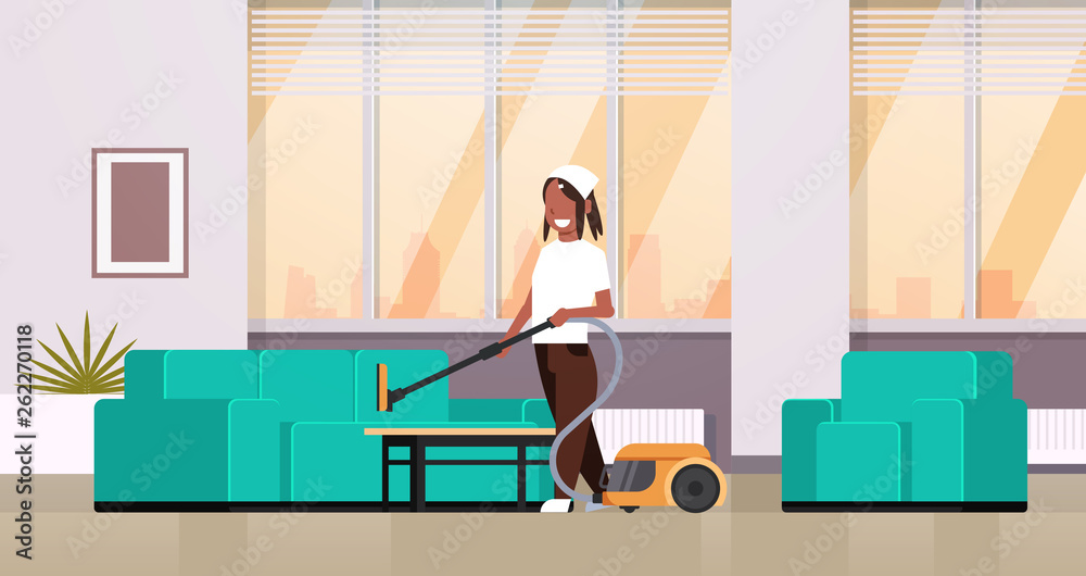 housewife cleaning couch with vacuum cleaner african american girl doing housework concept modern living room interior female cartoon character full length horizontal