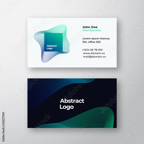 Square Blend Emblem Abstract Vector Sign or Logo and Business Card Template. Premium Stationary Realistic Mock Up. Elegant Curved Lines with Frame and Green Blue Gradient.