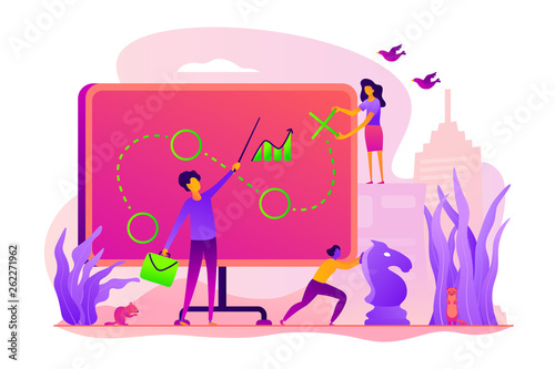 Business strategy, business goals and plan, business achievement and successful development. Vector isolated concept illustration with tiny people and floral elements. Hero image for website.
