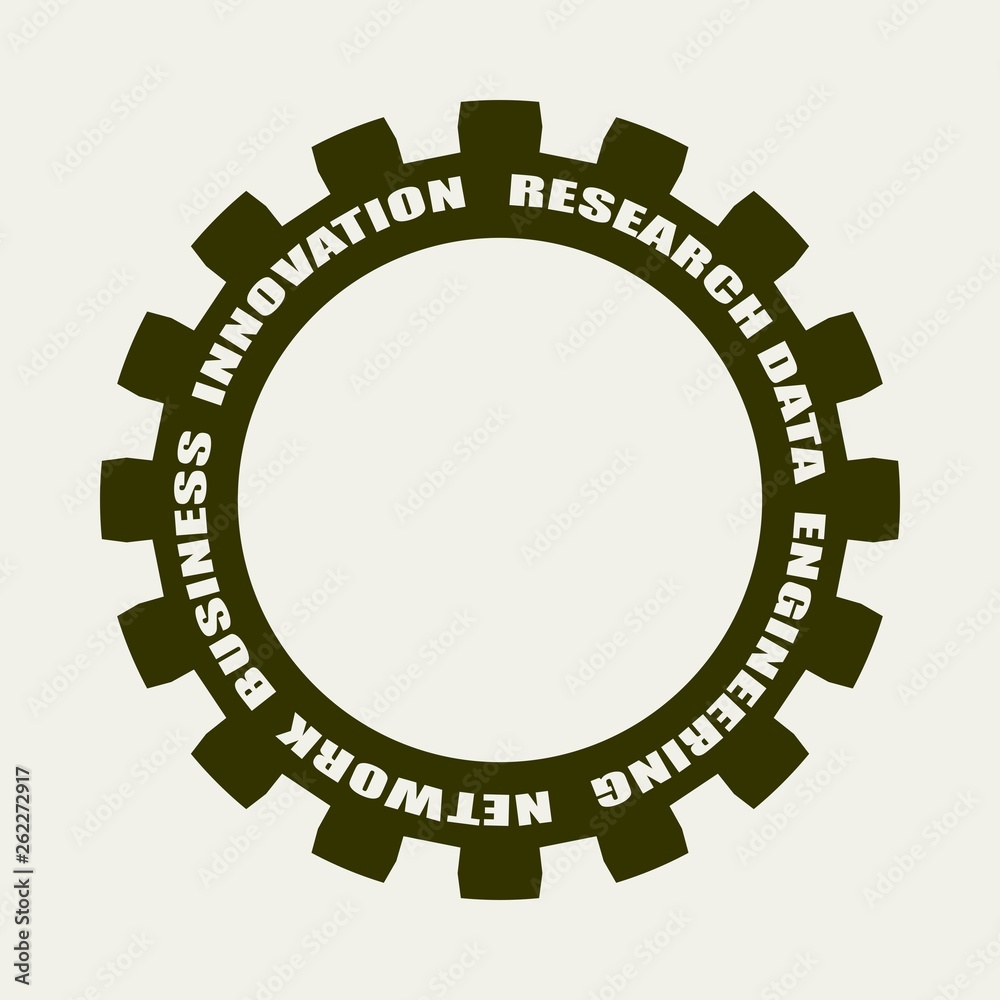 Technology relative words on the gear. Concept in industrial design.