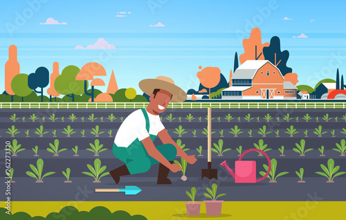 male farmer planting young seedlings plants vegetables african american man working in garden agricultural worker eco farming concept farmland field countryside landscape full length horizontal