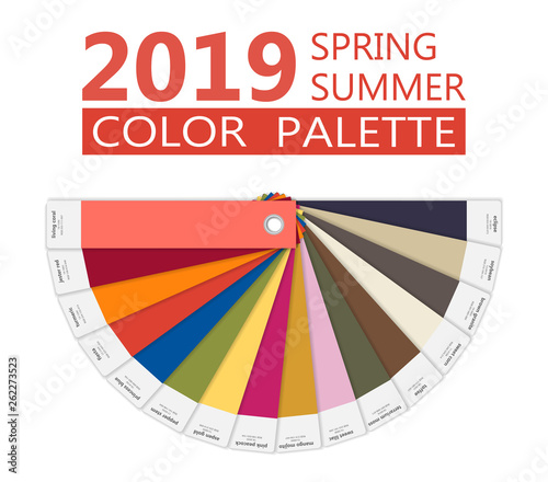 Round paper Spring and summer 2019 colors palette. Fashion trend guide. Palette fashion colors guide with named color swatches, RGB and TCX. Color of the year - living coral. Vector illustration
