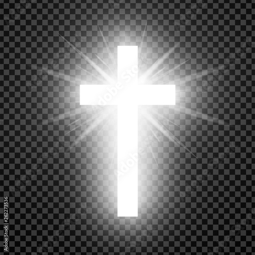 Shining white cross isolated on transparent background. Riligious symbol. Glowing Saint cross. Easter and Christmas sign. Vector illustration