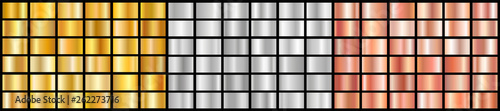 Realistic yellow and pink gold, silver gradient texture pack. Shiny golden metal foil gradient set. Vector illustration