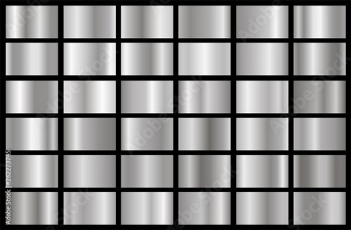 Realistic silver gradient texture pack. Shiny metal foil gradient set. Vector illustration