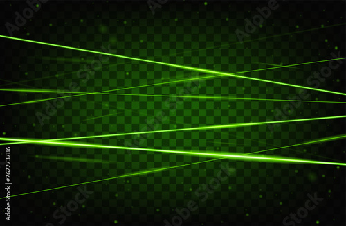 Green realistic laser beam background. Laser rays iolated on transparent background. Modern style abstract. Bright shiny lasers pattern. Vector illustration