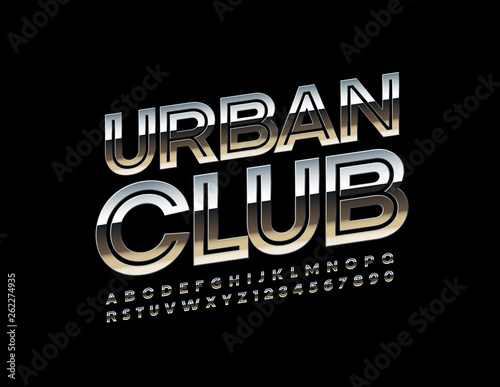 Vector metallic logotype Urban Club. Shiny Uppercase Font. Silver modern Alphabet Letters and Numbers 