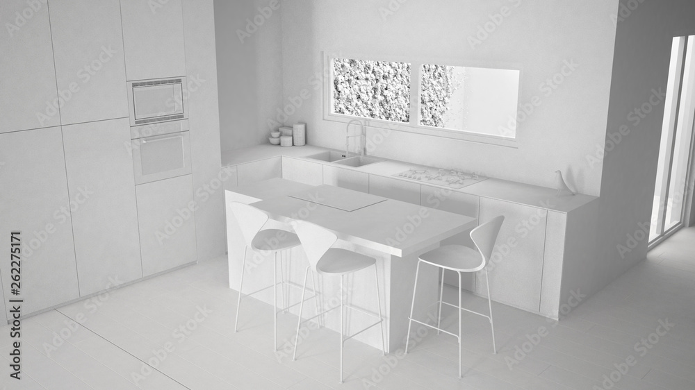 Total white project of minimalist white kitchen with dining table and parquet floor, oven sink and gas stove, ribbon window, modern contemporary apartment, interior design, top view Total white project of minimalist white kitchen with dining table and parquet floor, oven sink and gas stove, ribbon window, modern contemporary apartment, interior design, top view