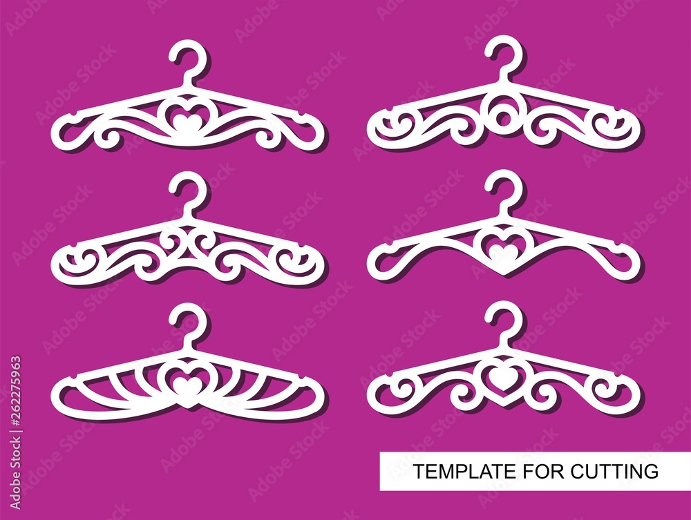 Set of decorative clothes hangers for atelier, wedding salon, boutique or store. White objects on pink background. Template for laser cutting, wood carving, paper cut and printing. Vector illustration