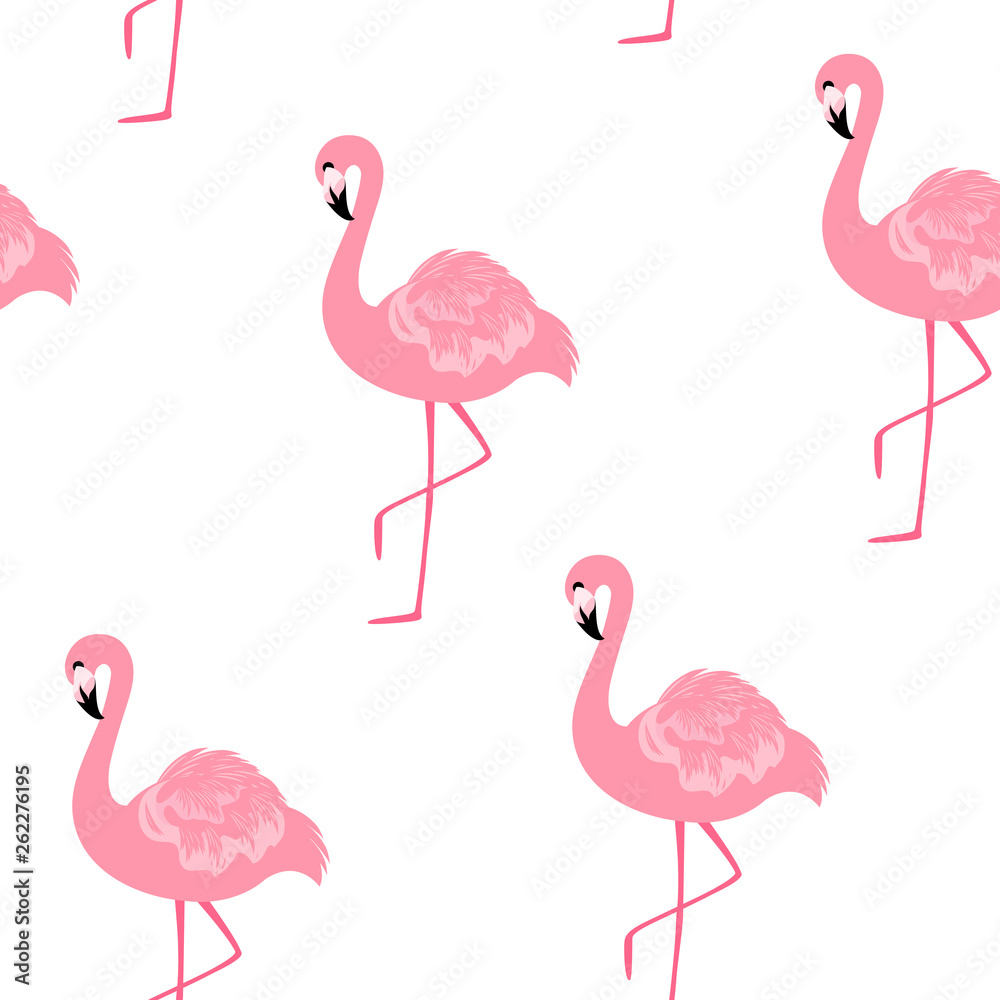 Fototapeta premium Vector seamless pattern with flamingos isolated on white backdrop. For wrapping paper, design poster, banner, print on clothes for children.