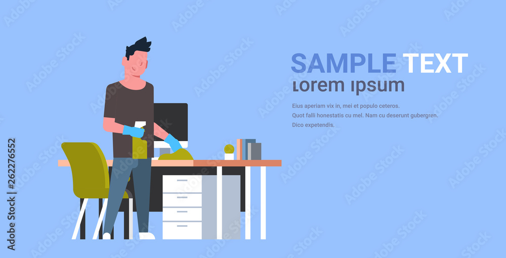 man cleaning computer table with duster guy wiping workplace desk housework concept male cartoon character full length flat horizontal copy space man cleaning computer table with duster guy wiping workplace desk housework concept male cartoon character full length flat horizontal copy space