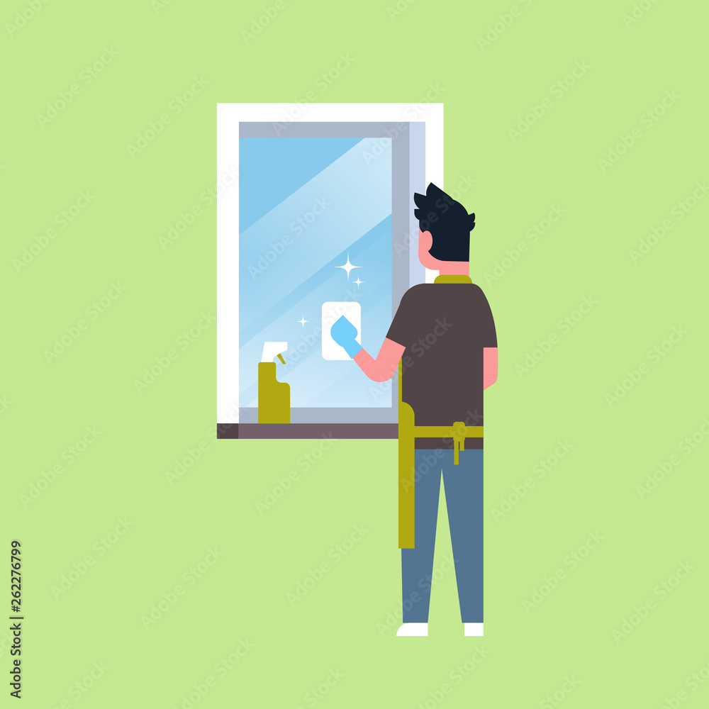 man in gloves and apron cleaning window with rag cleaner spray rear view guy doing housework concept flat male character full length man in gloves and apron cleaning window with rag cleaner spray rear view guy doing housework concept flat male character full length