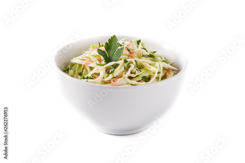 Coleslaw salad in white bowl isolated on white background