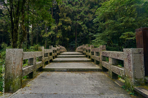 Beautiful scenics of long step cement bridge with stunning green forest in Alishan at Taiwan.