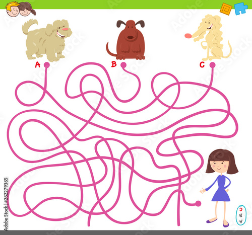 maze game with cartoon dogs and cute girl