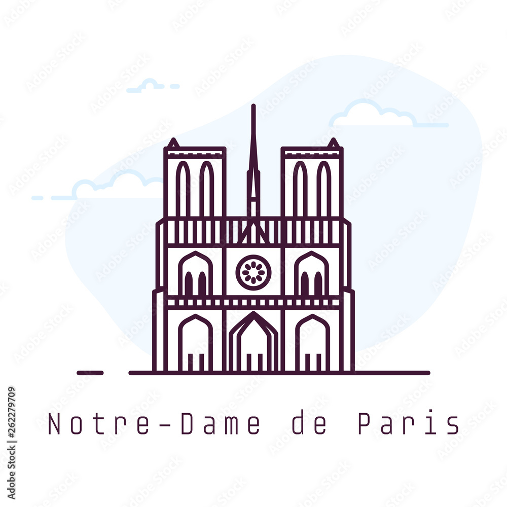 Notre-Dame de Paris city line style illustration. Old and famous Notre-Dame de Paris in Paris. France architecture city symbol. Outline building vector illustration. Travel banner.